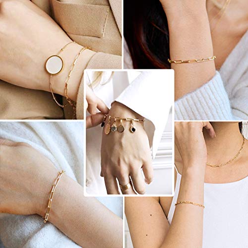 ChainsHouse Stainless Steel Herringbone Flat Chain Bracelets for Women,18K Gold/Rose Gold/Black Metal Paperclip/Snake/Cuban/Figaro Sterling Silver Link Charm Bracelet, 16+5cm Adjustable, With Gift Box - color: a. paperclip-gold(hot!!!)