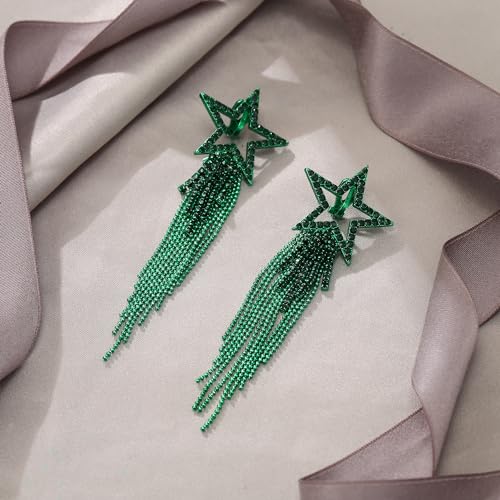 EVER FAITH Crystal Long Waterfall Star Tassel Clip-on Earrings for Women | Rhinestone Beaded Fringe Chandelier Dangle Statement Earring, Wedding Party Jewelry - color: Green Green-Tone