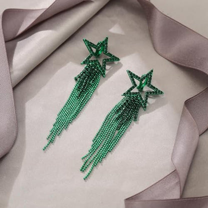 EVER FAITH Crystal Long Waterfall Star Tassel Clip-on Earrings for Women | Rhinestone Beaded Fringe Chandelier Dangle Statement Earring, Wedding Party Jewelry - color: Green Green-Tone