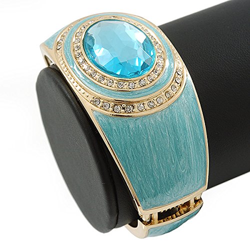 Aqua Blue Enamel Crystal Hinged Bangle Bracelet In Gold Plating - 18cm L