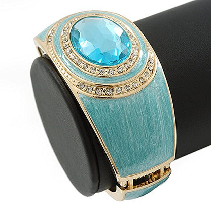 Aqua Blue Enamel Crystal Hinged Bangle Bracelet In Gold Plating - 18cm L
