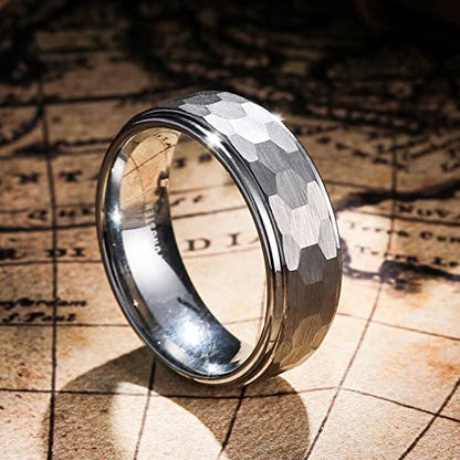 King Will Hammered 8mm Silver Tungsten Ring Hammer Men Wedding Band Comfort Fit - color: domed