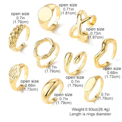 Chunky Rings for Women Non Tarnish 14k Stackable Dome Statement Rings Sets Vintage Dainty Knuckle Open Midi Finger Rings Jewelry Pack Gifts - style: 9PCS