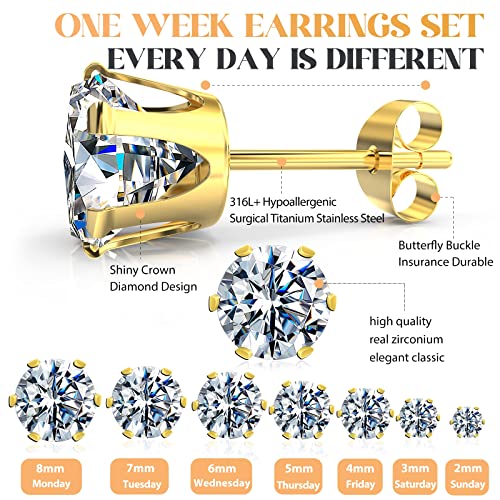Silver Gold Black Stud Earrings Set 7Pairs Hypoallergenic Cubic Zirconia Titanium Stainless Steel Silver Rose Gold Black CZ Cartilage Stud Earrings Jewelry Sets for Women Men, 2-8mm CZ Stud Earrings - color: 7Pairs Bling Gold Stud Earrings