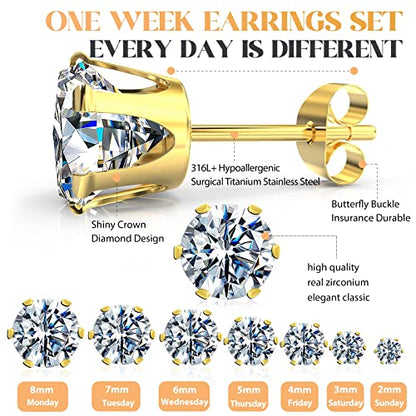 Silver Gold Black Stud Earrings Set 7Pairs Hypoallergenic Cubic Zirconia Titanium Stainless Steel Silver Rose Gold Black CZ Cartilage Stud Earrings Jewelry Sets for Women Men, 2-8mm CZ Stud Earrings - color: 7Pairs Bling Gold Stud Earrings