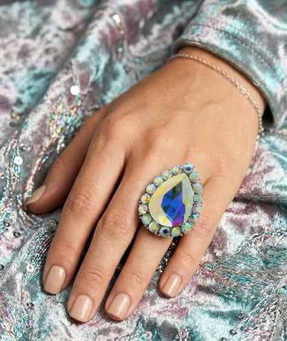 NYFASHION101 Radiant Teardrop Stone Adjustable Cocktail Statement Ring - color: Aurora Borealis/Silver-Tone