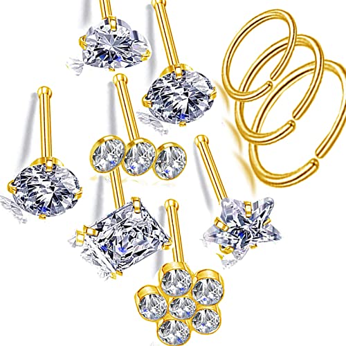 Nose Rings & Studs - 18g, 20g, 22g 14K Gold Bone Nose Studs for Women in Titanium Steel - color: 20g 10pcs Gold Bone 316L Surgical Steel