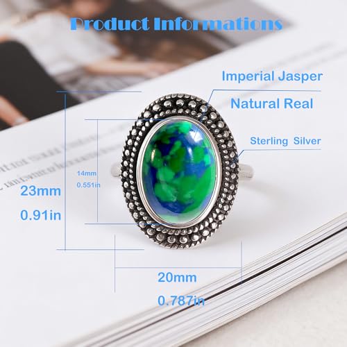 Retro Sterling Silver Stone Ring,Antique Natural Real Oval Crystal Quartz Gemstone Boho Bohemian Ring Jewelry for Women - color: A13_Green Blue Imperial Jasper