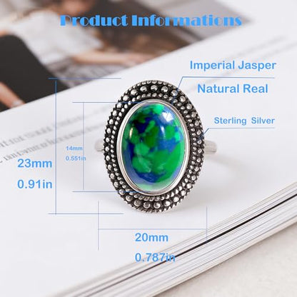 Retro Sterling Silver Stone Ring,Antique Natural Real Oval Crystal Quartz Gemstone Boho Bohemian Ring Jewelry for Women - color: A13_Green Blue Imperial Jasper