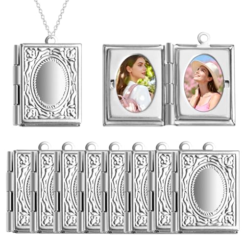 Framendino, 10 Pack Silver Rectangle Photo Frame Charms Stainless Steel Locket Memory Pendants for DIY Necklace Jewelry Making