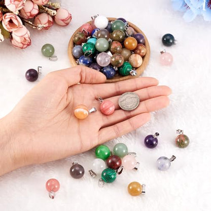 50Pcs Chakra Round Stone Pendants Mixed Healing Crystal Quartz Gemstone Charms for Necklace Jewelry Making Hole: 2x7mm - color: 6-Mixed Color-Ball-Random
