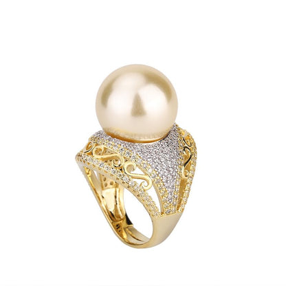 Large Cream South Sea Faux Pearl Statement Ring Hollow Scroll Micro Pave Crystal Adjustable Open Band For Women Formal Cocktail Jewelry