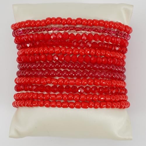 12Pcs Bohemia Multilayer Resin Seed Beaded Stackable Bracelets Colorful Crystal Glass Beads Stretch Bracelet BFF Friendship Elastic Wristbands for Women Men Summer Beach Boho Vacation Jewelry - color: Red