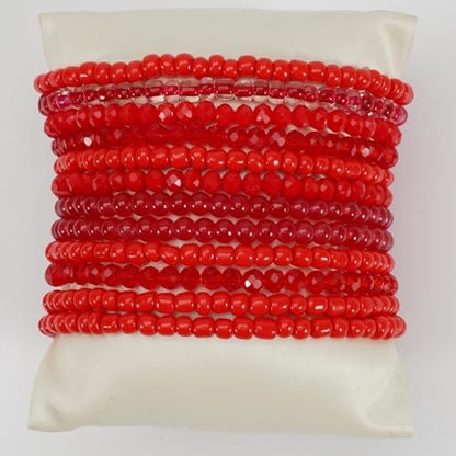 12Pcs Bohemia Multilayer Resin Seed Beaded Stackable Bracelets Colorful Crystal Glass Beads Stretch Bracelet BFF Friendship Elastic Wristbands for Women Men Summer Beach Boho Vacation Jewelry - color: Red
