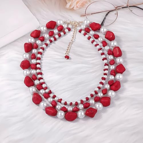 JNF Faux Pearl Statement Necklaces Big Beaded Necklace for Women Chunky Pearls Necklace and Earring Set Large beads Costume Necklace - color: red turquoise neck