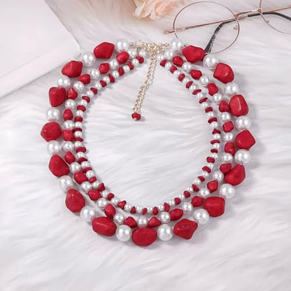 JNF Faux Pearl Statement Necklaces Big Beaded Necklace for Women Chunky Pearls Necklace and Earring Set Large beads Costume Necklace - color: red turquoise neck