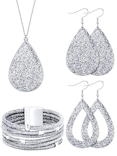 Hicarer 4 Pcs Jewelry Sets for Women Glitter Necklace and Earring Set Multi Layer Bracelet Costume Jewelry Sets for Bridal Shower Wedding - color: Silver