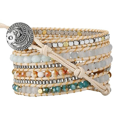 Boho 5 Wrap Bead Bracelet for Men Women - Handmade Adjustable Natural Chakras Stone Crystal Beaded Bracelets Cuff Rope Yoga Healing Bracelet Bangle Hippie Jewelry - color: Light Blue