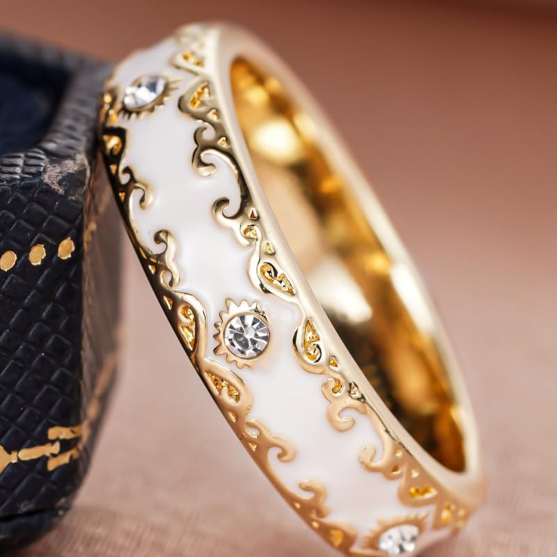 Exquisite Elegant Inlay Zirconia Enamel Golden Wide Rings for Women Daily Wedding Banquet Luxury Jewelry (No Boxes) - color: golden, size: 9