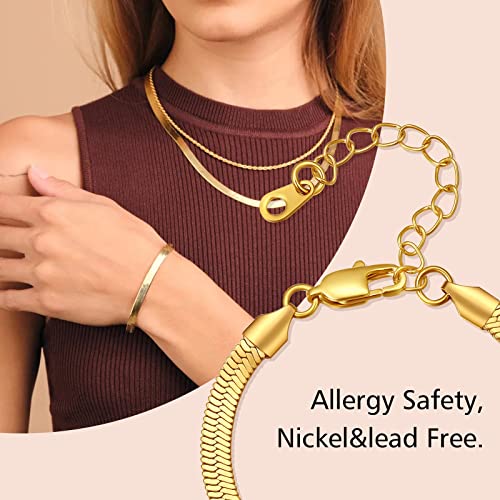 FindChic Elegant Herringbone Snake Chain Anklets/Bracelets 3MM/5MM Width Stainless Steel/18K Gold/Rose Gold Plated/Black 4 Color Options, 8.3'' 8.5'' 10.5'' Length, with Gift Box - color: B: 5mm 6.3'' bracelet (Gold Plated)