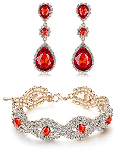 Paxuan Silver/Gold Plated Bridal Wedding Rhinestone Earrings Bracelet Set for Wedding Brides Bridesmaids Crystal Stone Dangle Drop Earrings Link Tennis Bracelet Set for Women Wedding - color: Red - Bracelet and Earrings Set