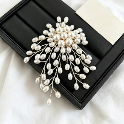 Dainty Large White Oval Pearl Flower Blooming Brooch Pin for Women, Statement Pearls Floral Brooches Pins Party Wedding Jewelry Gift Dress Accessories