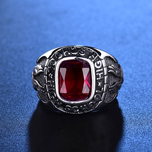 MASOP Retro Eagle Red Ruby Color Crystal Stainless Steel High School Rings for Men Silver Tone Size 8-15