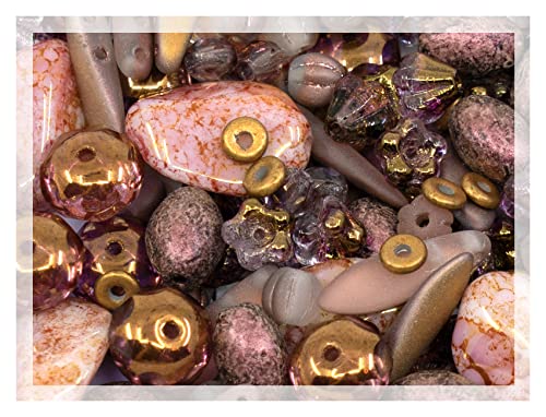 2.1oz (60 g) Mix of Unique Czech Bohemia Glass Pressed Beads, Matte and Glossy, Hand Made, Antique Copper Pink - color: Antique Copper Pink