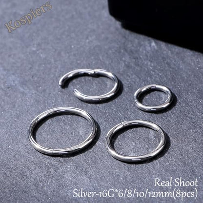 Nose Rings 20G 18G 16G 316L Surgical Steel Hinged Clicker Segment Nose Hoop Helix Cartilage Daith Tragus Sleeper Earrings Body Lip Piercing Jewelry for Women Men 6mm 7mm 8mm 10mm 12mm - style: 07:Silver-16G*6/8/10/12mm(8pcs)