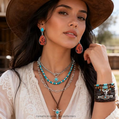3Pcs Western Turquoise Jewelry Set Necklace Earrings Bracelet | Western Boho Style | Turquoise Beaded | Ox-Head Pendant | Layered Necklace | Faux Leather Cuff | Personalized Gift - color: Color-1