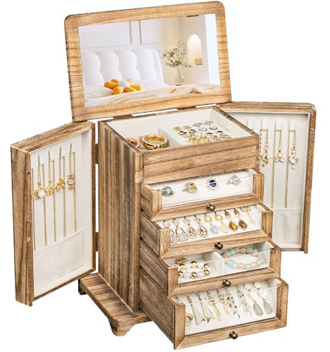 Large Jewelry Box & Organizer for Women, Wooden Jewelry Storage with 4 Transparent Drawers, Holds Necklaces, Rings, Bracelets, Earrings and Watches(Brown) - color: Rustic Brown
