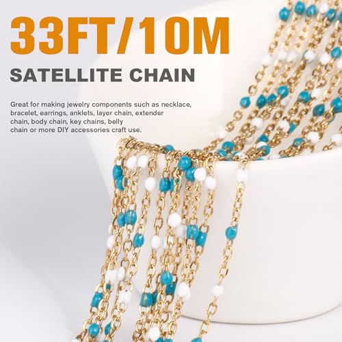 33FT 2mm Gold Cable Chains Blue White Enamel Chains Bulk for Jewelry Making | 18K Gold PVD Plated Stainless Steel Enamel Beaded Chains Roll for Necklace Bracelet - color: Gold Blue White Beads