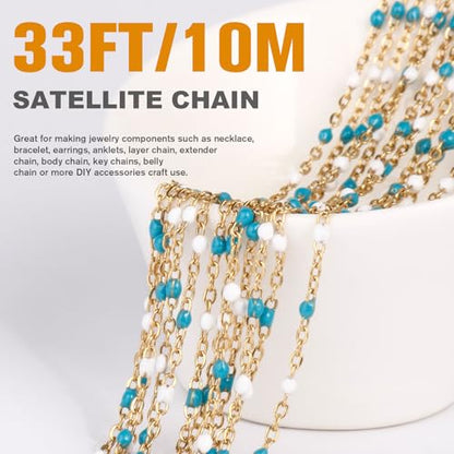 33FT 2mm Gold Cable Chains Blue White Enamel Chains Bulk for Jewelry Making | 18K Gold PVD Plated Stainless Steel Enamel Beaded Chains Roll for Necklace Bracelet - color: Gold Blue White Beads