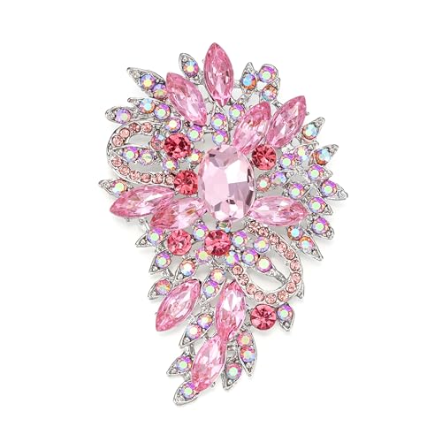 EVER FAITH Women's Austrian Crystal Wedding Flower Leaf Bouquet Brooch - color: Pink Silver-Plated-Base