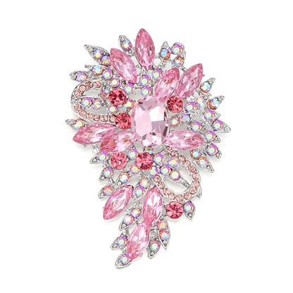 EVER FAITH Women's Austrian Crystal Wedding Flower Leaf Bouquet Brooch - color: Pink Silver-Plated-Base