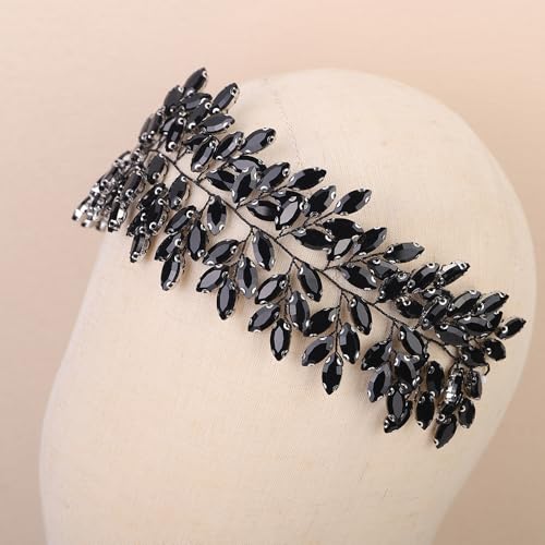 Missgrace Women Silver Green Black Red Blue Handmade Full Crystal Rhinestone Large Headband Hair Vine Shinny Headpiece Bridal Wedding Hair Accessories for Women (Black) - color: Black