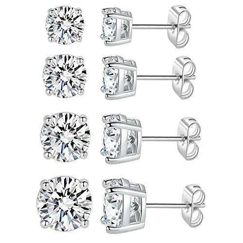 18K White/Yellow Gold Plated Stud Earrings for Men Women 4 Prong Graduated Round Clear Cubic Zirconia Hypoallergenic Earrings Set 3-8MM - color: White Gold Plated, size: Pack-3/4/5/6MM