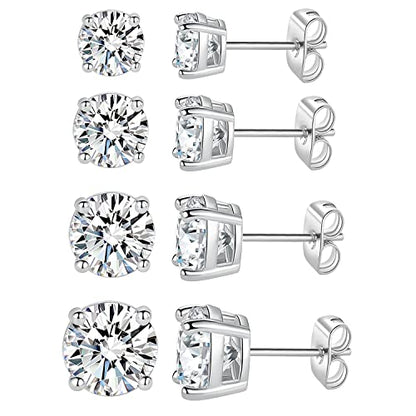 18K White/Yellow Gold Plated Stud Earrings for Men Women 4 Prong Graduated Round Clear Cubic Zirconia Hypoallergenic Earrings Set 3-8MM - color: White Gold Plated, size: Pack-3/4/5/6MM