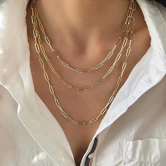 Stainless Steel Dainty Paperclip Link Chain Necklace for Women - color: Gold