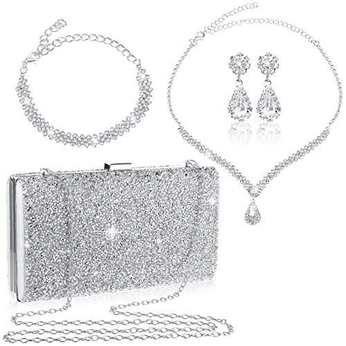 Mixweer 4 Pieces Clutch Purses Bag for Women Evening Rhinestone Jewelry Set Bling Necklace Earrings Bracelets Set for Wedding - style: Shiny Style