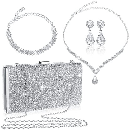 Mixweer 4 Pieces Clutch Purses Bag for Women Evening Rhinestone Jewelry Set Bling Necklace Earrings Bracelets Set for Wedding - style: Bright Style