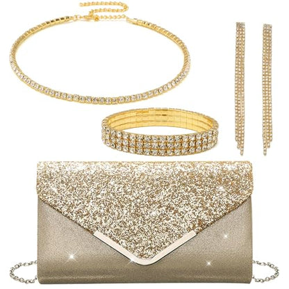 YYW 4 Pieces Women Evening Handbags Clutch Purse Bag with Rhinestone Crystal Jewelry Set for Wedding Party - color: Gold