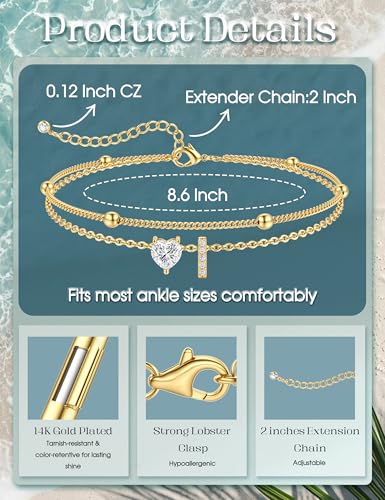 Kakonia Double Layer Initial Anklet for Women, 14K Gold Plated Heart Ankle Bracelet, Personalized A-Z Letter, Waterproof Non Tarnish Cubic Zirconia Dainty Adjustable Summer Beach Jewelry Gift - style: Letter I