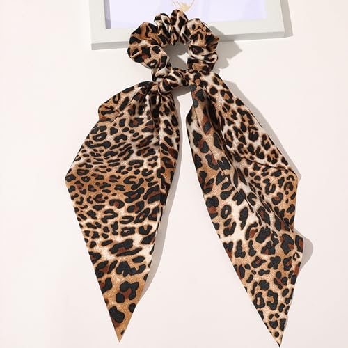 Leopard Hair Scarf Scrunchies for Women - 2Pcs Bow Scrunchies Knotted Bow Hair Ties Long Elastic Bands Satin Hair Ribbon Scrunchy Soft Ponytail Holders for Women Girls Gifts