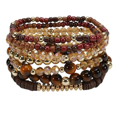 7Pcs Bohemia Multilayer Stackable Crystal Beaded Bracelet Set Multicolor Surfer Heishi Clay Gold Beaded Friendship Stretch Bracelets for Women Men Summer Beach Boho Vacation Jewelry Gifts - color: Brown