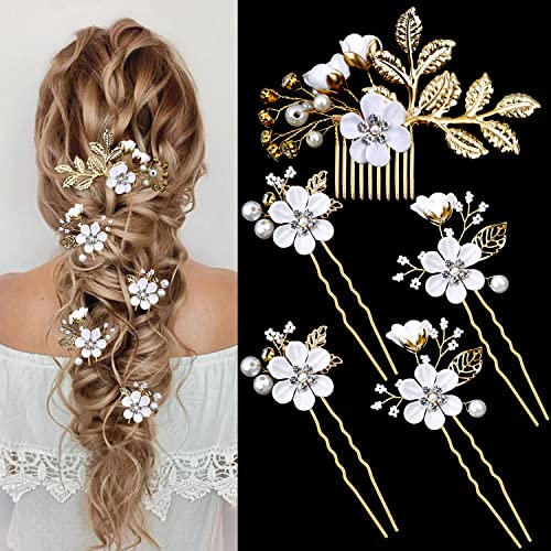 5 Pieces Bridal Flower Wedding Hair Pins Crystal Pearl Hair Pins Clips Headpiece Gold Wedding Hair Accessories Jewelry with Rhinestone for Brides Bridesmaids Women Girls Updo(Pure White Flower) - color: Exquisite Flower Leaves&Pure White Flower