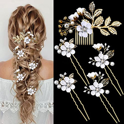 5 Pieces Bridal Flower Wedding Hair Pins Crystal Pearl Hair Pins Clips Headpiece Gold Wedding Hair Accessories Jewelry with Rhinestone for Brides Bridesmaids Women Girls Updo(Pure White Flower) - color: Exquisite Flower Leaves&Pure White Flower