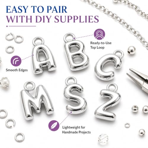 26PCS Letter Silver Charms for Jewelry Making, Silver A-Z Bubble Alphabet Charm Pendants, Bubble Letter Initial Charms for DIY Bracelets Necklaces Earrings Craft Supplies