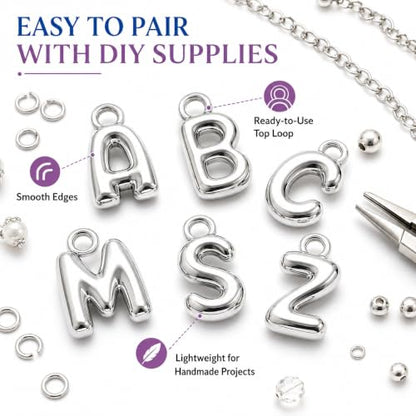 26PCS Letter Silver Charms for Jewelry Making, Silver A-Z Bubble Alphabet Charm Pendants, Bubble Letter Initial Charms for DIY Bracelets Necklaces Earrings Craft Supplies