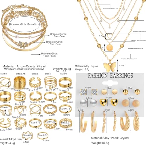 139pcs Gold Jewelry Set Costume Jewelry With 11 PCS Necklace, 16 PCS Bracelet, 90 PCS Stud Hoop Earring 22 Pcs Rings for Women Friendship Gift Set